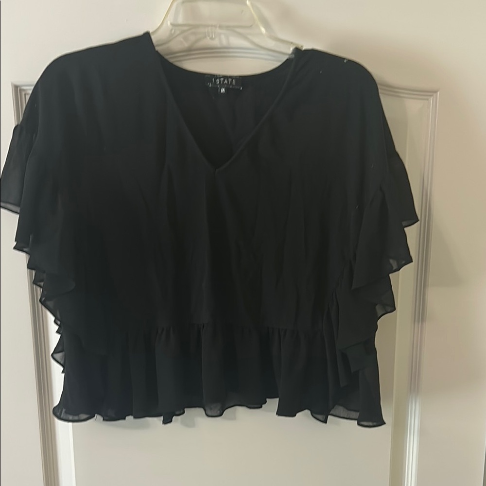STATE Black Flutter Sleeve Crop Blouse